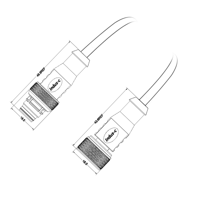 Push-pull m12 3pins A code male straight to female right angle molded cable,unshielded,PVC,-40°C~+105°C,22AWG 0.34mm²,brass with nickel plated screw